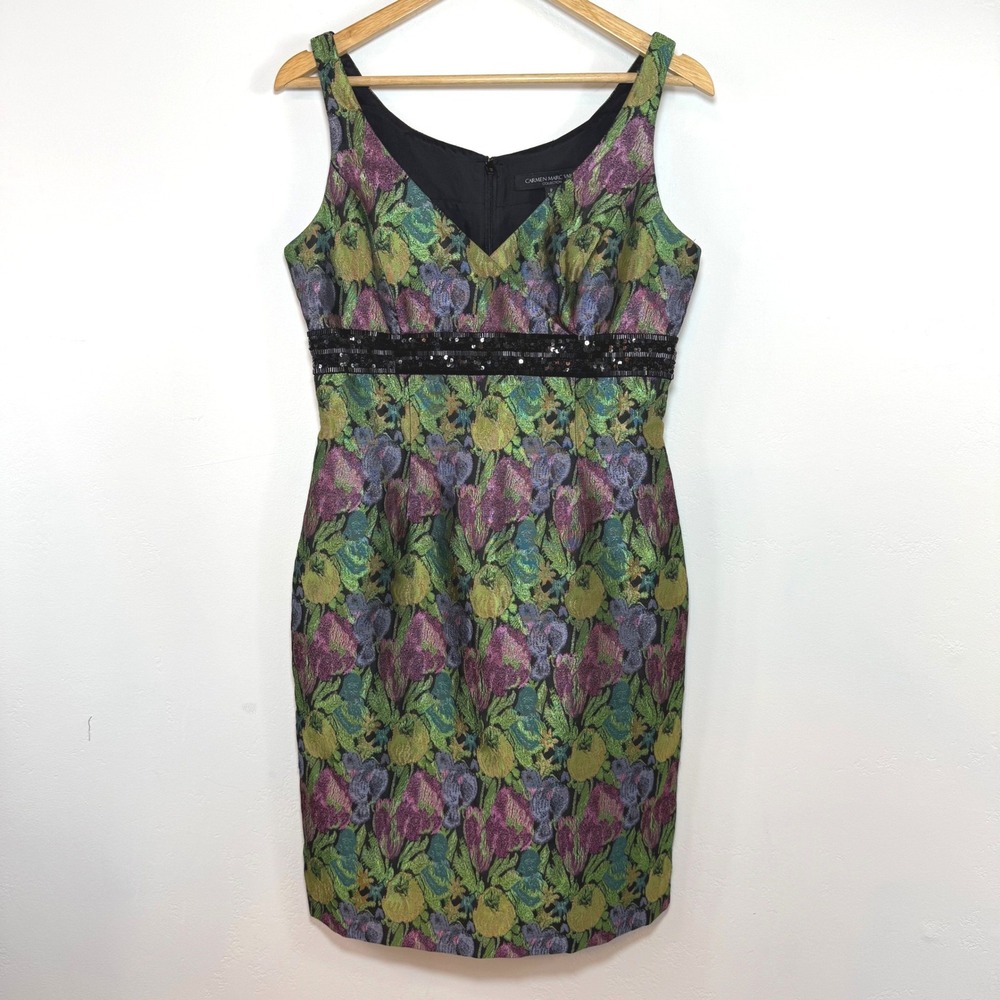 Carmen Marc‎ Valvo Floral Brocade Cocktail Dress Sleeveless Sheath Sequin Glam 8